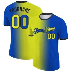 Custom Thunder Blue Neon Yellow-Black Gradient Fashion Performance T-Shirt