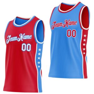 Custom Reversible Red White-Powder Blue Double Side Star Sublimation Basketball Suit Jersey