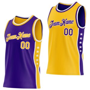 Custom Reversible Purple Gold-White Double Side Star Sublimation Basketball Suit Jersey