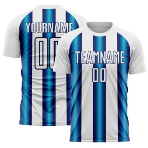 Custom White Blue-Navy Stripes Sports Sublimation Soccer Uniform Jersey