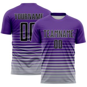 Custom Purple Black-Gray Gradient Pinstripe Sublimation Soccer Uniform Jersey